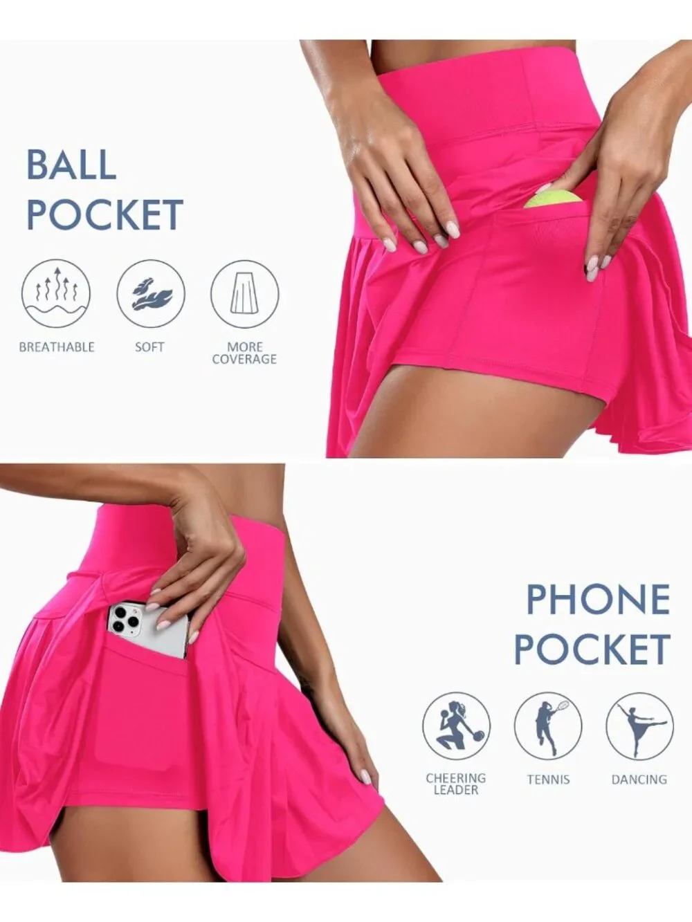 Pleated Athletic Tennis Skirt with Shorts & Pockets for Workout, Golf & Running